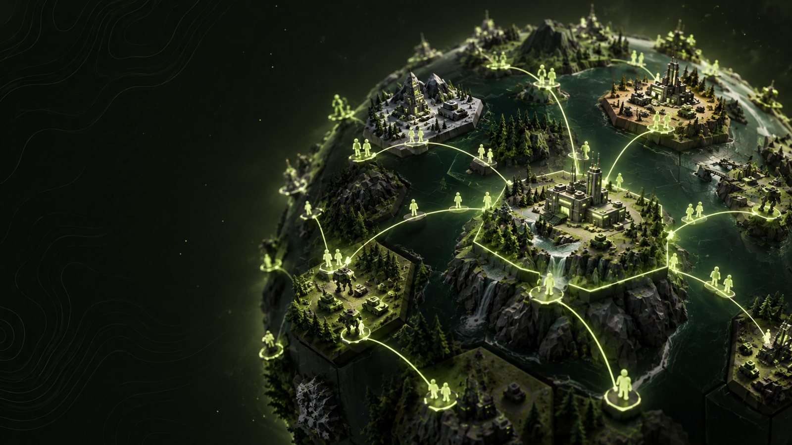 A low-poly globe dotted with glowing battle arenas